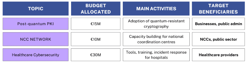 Digital Europe Programme first Call (DEPLOY-CYBER-08): budget per topic